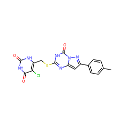 Cc1ccc(-c2cc3nc(SCc4[nH]c(=O)[nH]c(=O)c4Cl)[nH]c(=O)n3n2)cc1 ZINC000103288834