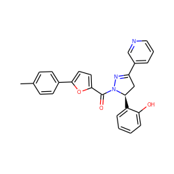 Cc1ccc(-c2ccc(C(=O)N3N=C(c4cccnc4)C[C@H]3c3ccccc3O)o2)cc1 ZINC000071295964