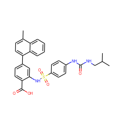 Cc1ccc(-c2ccc(C(=O)O)c(NS(=O)(=O)c3ccc(NC(=O)NCC(C)C)cc3)c2)c2ccccc12 ZINC000103239662