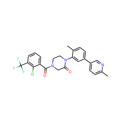 Cc1ccc(-c2ccc(C)c(N3CCN(C(=O)c4cccc(C(F)(F)F)c4Cl)CC3=O)c2)cn1 ZINC000059298055