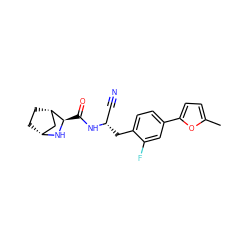 Cc1ccc(-c2ccc(C[C@@H](C#N)NC(=O)[C@H]3N[C@@H]4CC[C@H]3C4)c(F)c2)o1 ZINC000219309074