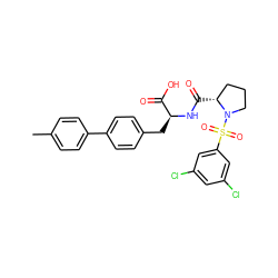 Cc1ccc(-c2ccc(C[C@H](NC(=O)[C@@H]3CCCN3S(=O)(=O)c3cc(Cl)cc(Cl)c3)C(=O)O)cc2)cc1 ZINC000026650523