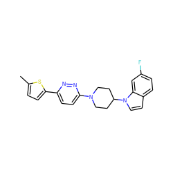 Cc1ccc(-c2ccc(N3CCC(n4ccc5ccc(F)cc54)CC3)nn2)s1 ZINC000206100643