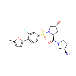 Cc1ccc(-c2ccc(S(=O)(=O)N3C[C@H](O)C[C@H]3C(=O)N3CC[C@@H](N)C3)cc2F)o1 ZINC000040919053