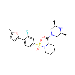 Cc1ccc(-c2ccc(S(=O)(=O)N3CCCC[C@H]3C(=O)N3C[C@H](C)N[C@H](C)C3)cc2F)o1 ZINC000040935130