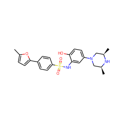 Cc1ccc(-c2ccc(S(=O)(=O)Nc3cc(N4C[C@H](C)N[C@H](C)C4)ccc3O)cc2)o1 ZINC000043103786