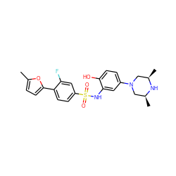 Cc1ccc(-c2ccc(S(=O)(=O)Nc3cc(N4C[C@H](C)N[C@H](C)C4)ccc3O)cc2F)o1 ZINC000095598528