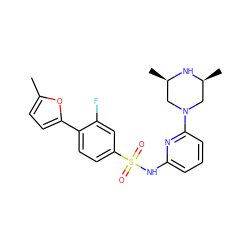 Cc1ccc(-c2ccc(S(=O)(=O)Nc3cccc(N4C[C@H](C)N[C@H](C)C4)n3)cc2F)o1 ZINC000043173783