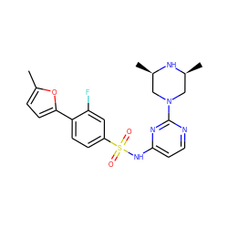 Cc1ccc(-c2ccc(S(=O)(=O)Nc3ccnc(N4C[C@H](C)N[C@H](C)C4)n3)cc2F)o1 ZINC000095598584