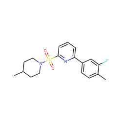 Cc1ccc(-c2cccc(S(=O)(=O)N3CCC(C)CC3)n2)cc1F ZINC000201757295