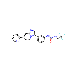 Cc1ccc(-c2ccn3c(-c4cccc(NC(=O)NCC(F)(F)F)c4)cnc3c2)nc1 ZINC000139548808