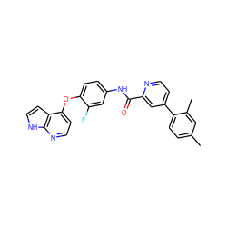 Cc1ccc(-c2ccnc(C(=O)Nc3ccc(Oc4ccnc5[nH]ccc45)c(F)c3)c2)c(C)c1 ZINC000653775500