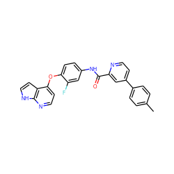 Cc1ccc(-c2ccnc(C(=O)Nc3ccc(Oc4ccnc5[nH]ccc45)c(F)c3)c2)cc1 ZINC000653775521