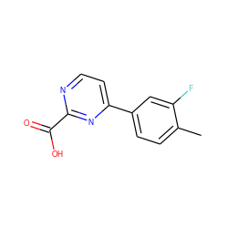 Cc1ccc(-c2ccnc(C(=O)O)n2)cc1F ZINC001772584199