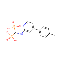 Cc1ccc(-c2ccnc(NC(P(=O)(O)O)P(=O)(O)O)c2)cc1 ZINC000084653655