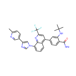 Cc1ccc(-c2cn(-c3cccc4c(-c5ccc(C(N)=O)c(NC(C)(C)C)c5)cc(C(F)(F)F)nc34)cn2)cn1 ZINC000145585283