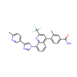 Cc1ccc(-c2cn(-c3cccc4c(-c5ccc(C(N)=O)cc5C)cc(C(F)(F)F)nc34)cn2)cn1 ZINC000145572956