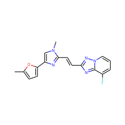 Cc1ccc(-c2cn(C)c(/C=C/c3nc4c(F)cccn4n3)n2)o1 ZINC000117853390