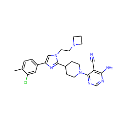 Cc1ccc(-c2cn(CCN3CCC3)c(C3CCN(c4ncnc(N)c4C#N)CC3)n2)cc1Cl ZINC001772648437