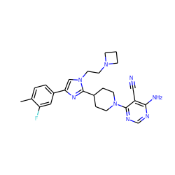 Cc1ccc(-c2cn(CCN3CCC3)c(C3CCN(c4ncnc(N)c4C#N)CC3)n2)cc1F ZINC001772569795