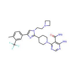 Cc1ccc(-c2cn(CCN3CCC3)c(C3CCN(c4ncnc(N)c4C(N)=O)CC3)n2)cc1C(F)(F)F ZINC001772618286