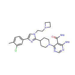 Cc1ccc(-c2cn(CCN3CCC3)c(C3CCN(c4ncnc(N)c4C(N)=O)CC3)n2)cc1Cl ZINC000219776397