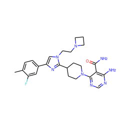 Cc1ccc(-c2cn(CCN3CCC3)c(C3CCN(c4ncnc(N)c4C(N)=O)CC3)n2)cc1F ZINC001772620484