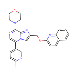 Cc1ccc(-c2cnc(N3CCOCC3)c3nc(COc4ccc5ccccc5n4)cn23)cn1 ZINC001772576463