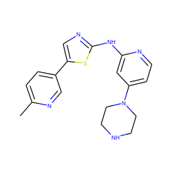 Cc1ccc(-c2cnc(Nc3cc(N4CCNCC4)ccn3)s2)cn1 ZINC000035065554