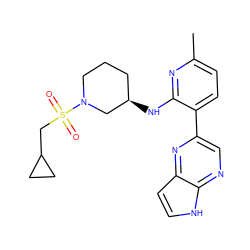 Cc1ccc(-c2cnc3[nH]ccc3n2)c(N[C@@H]2CCCN(S(=O)(=O)CC3CC3)C2)n1 ZINC000169700172