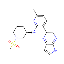 Cc1ccc(-c2cnc3[nH]ccc3n2)c(N[C@@H]2CCCN(S(C)(=O)=O)C2)n1 ZINC000168603142