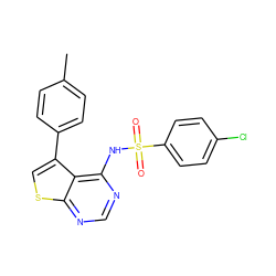 Cc1ccc(-c2csc3ncnc(NS(=O)(=O)c4ccc(Cl)cc4)c23)cc1 ZINC000002660072