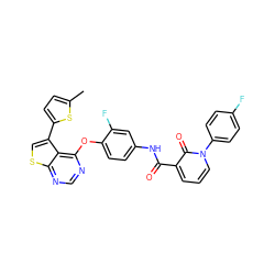 Cc1ccc(-c2csc3ncnc(Oc4ccc(NC(=O)c5cccn(-c6ccc(F)cc6)c5=O)cc4F)c23)s1 ZINC000072113761