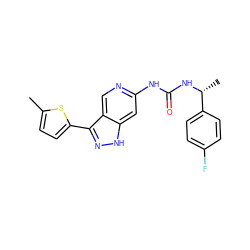 Cc1ccc(-c2n[nH]c3cc(NC(=O)N[C@H](C)c4ccc(F)cc4)ncc23)s1 ZINC000261091134