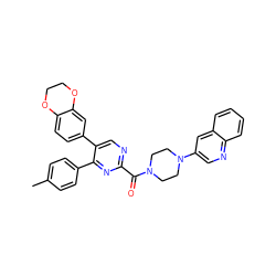 Cc1ccc(-c2nc(C(=O)N3CCN(c4cnc5ccccc5c4)CC3)ncc2-c2ccc3c(c2)OCCO3)cc1 ZINC000071296650