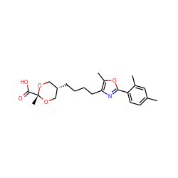 Cc1ccc(-c2nc(CCCC[C@H]3CO[C@@](C)(C(=O)O)OC3)c(C)o2)c(C)c1 ZINC000253687982