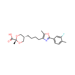 Cc1ccc(-c2nc(CCCC[C@H]3CO[C@@](C)(C(=O)O)OC3)c(C)o2)cc1F ZINC000261130160