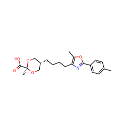 Cc1ccc(-c2nc(CCCC[C@H]3CO[C@](C)(C(=O)O)OC3)c(C)o2)cc1 ZINC000148546916