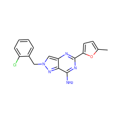 Cc1ccc(-c2nc(N)c3nn(Cc4ccccc4Cl)cc3n2)o1 ZINC000653841625