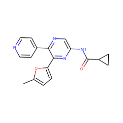 Cc1ccc(-c2nc(NC(=O)C3CC3)cnc2-c2ccncc2)o1 ZINC000035000261