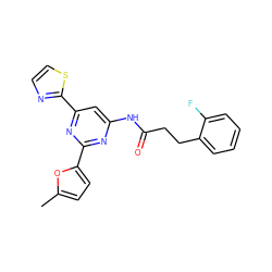 Cc1ccc(-c2nc(NC(=O)CCc3ccccc3F)cc(-c3nccs3)n2)o1 ZINC000029041618