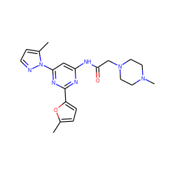 Cc1ccc(-c2nc(NC(=O)CN3CCN(C)CC3)cc(-n3nccc3C)n2)o1 ZINC000023360517