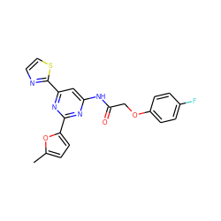 Cc1ccc(-c2nc(NC(=O)COc3ccc(F)cc3)cc(-c3nccs3)n2)o1 ZINC000029041628