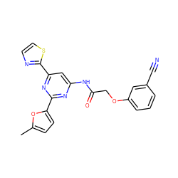 Cc1ccc(-c2nc(NC(=O)COc3cccc(C#N)c3)cc(-c3nccs3)n2)o1 ZINC000029041630