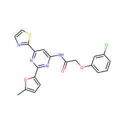 Cc1ccc(-c2nc(NC(=O)COc3cccc(Cl)c3)cc(-c3nccs3)n2)o1 ZINC000029041632