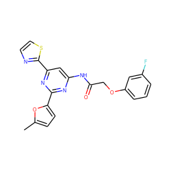 Cc1ccc(-c2nc(NC(=O)COc3cccc(F)c3)cc(-c3nccs3)n2)o1 ZINC000029041626