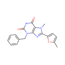 Cc1ccc(-c2nc3c(c(=O)[nH]c(=O)n3Cc3ccccc3)n2C)o1 ZINC000012695462