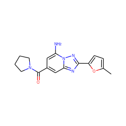 Cc1ccc(-c2nc3cc(C(=O)N4CCCC4)cc(N)n3n2)o1 ZINC000026989685