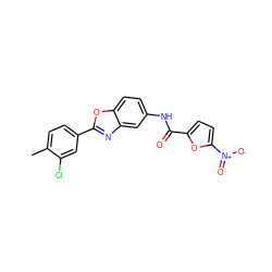 Cc1ccc(-c2nc3cc(NC(=O)c4ccc([N+](=O)[O-])o4)ccc3o2)cc1Cl ZINC000002315279