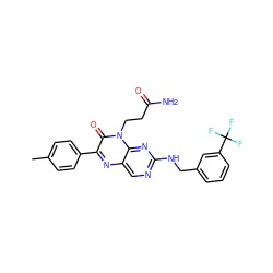 Cc1ccc(-c2nc3cnc(NCc4cccc(C(F)(F)F)c4)nc3n(CCC(N)=O)c2=O)cc1 ZINC000040956205